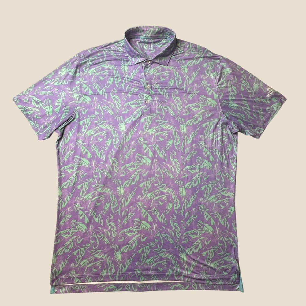 johnnie-O Polo Shirt Mens Large Featherweight Purple Palm Leaf Kelly Plantation